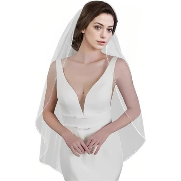 Wedding Veil Pearls and Crystals Beaded Edge 1 Tier Fingertip Length Bridal Veil main image 5